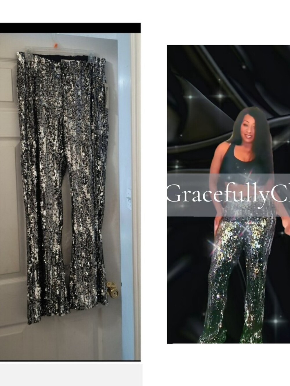 No Boundaries Silver and Black Sequin Wide-Leg Pants